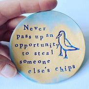 Chip Stealing Seagull Ceramic Dish: Handmade Jewelry Holder