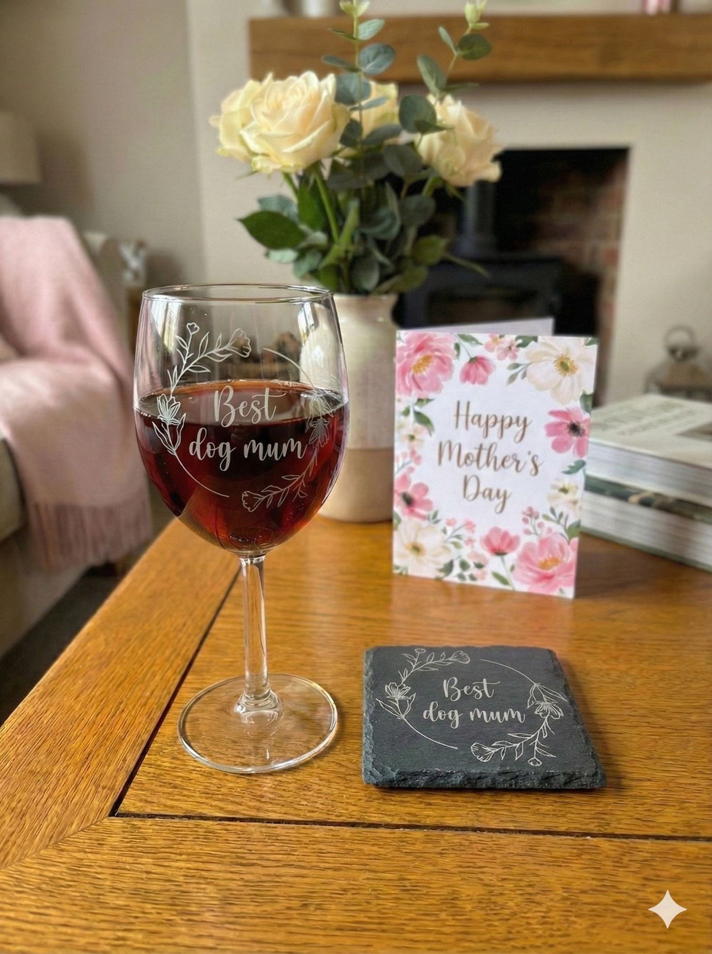 Personalised 'Best Dog Mum' or 'Best Dog Mum Ever' engraved glass and slate coaster gift set