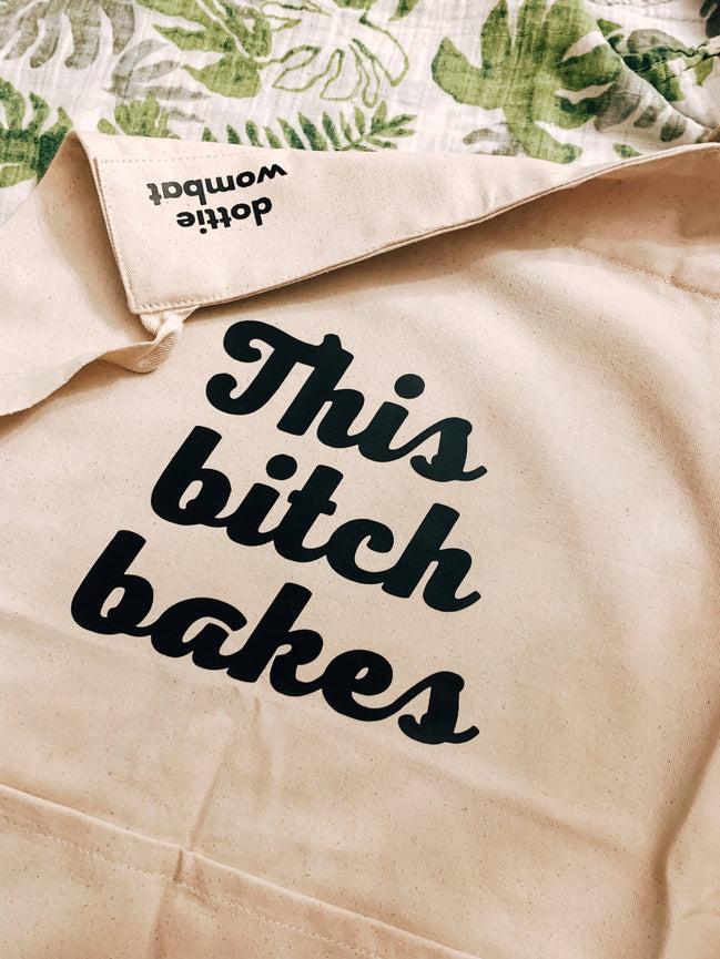 This b* Bakes Apron - adults with front pocket: Denim blue/silver text