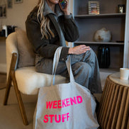 GREY TOTE BAG WITH NEON PINK PRINT: MUM STUFF