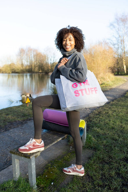 GREY TOTE BAG WITH NEON PINK PRINT: MUM STUFF