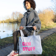 GREY TOTE BAG WITH NEON PINK PRINT: MUM STUFF