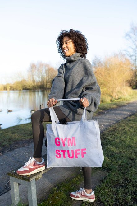 GREY TOTE BAG WITH NEON PINK PRINT: MUM STUFF