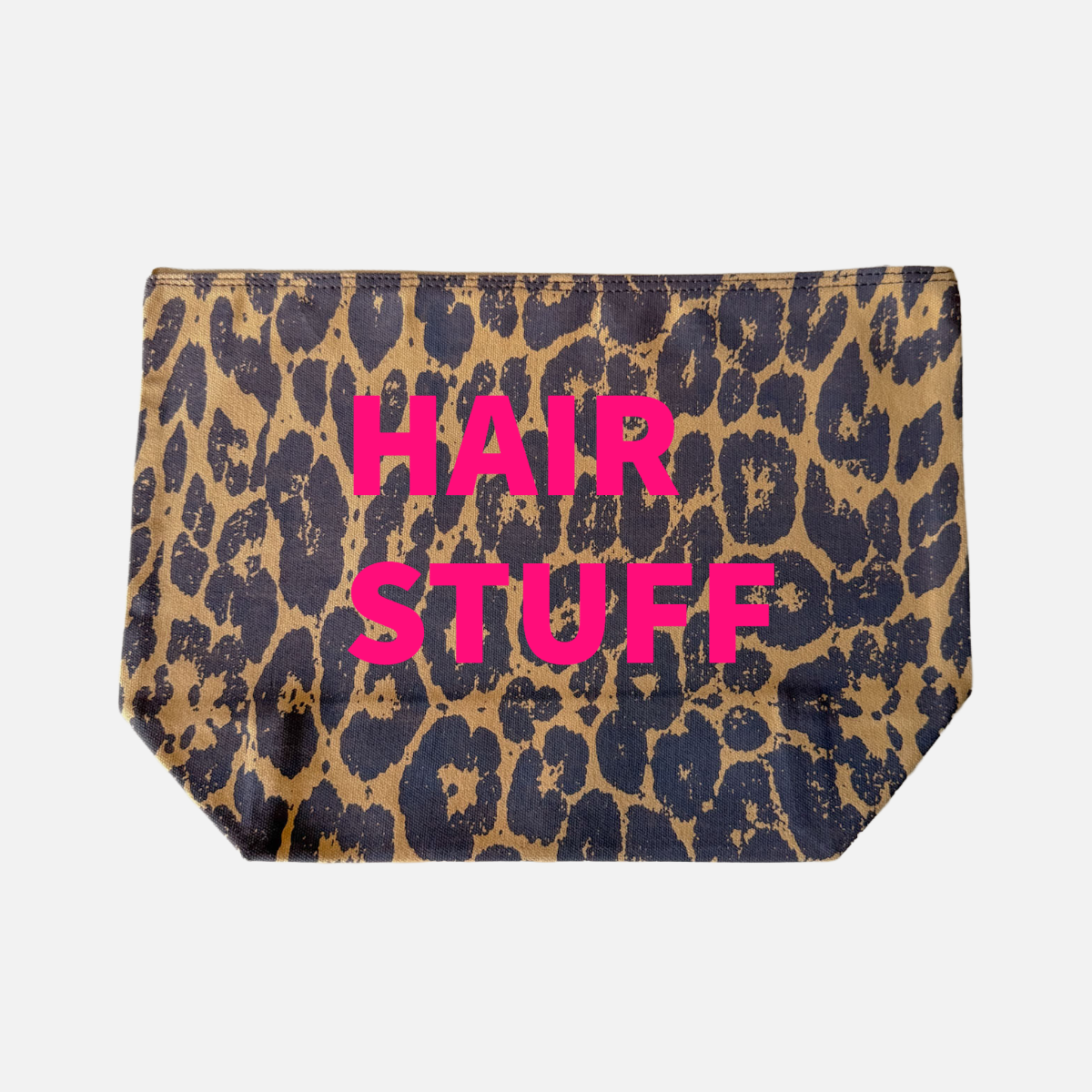 LEOPARD PRINT CANVAS POUCH WITH NEON PINK PRINT: MUM STUFF