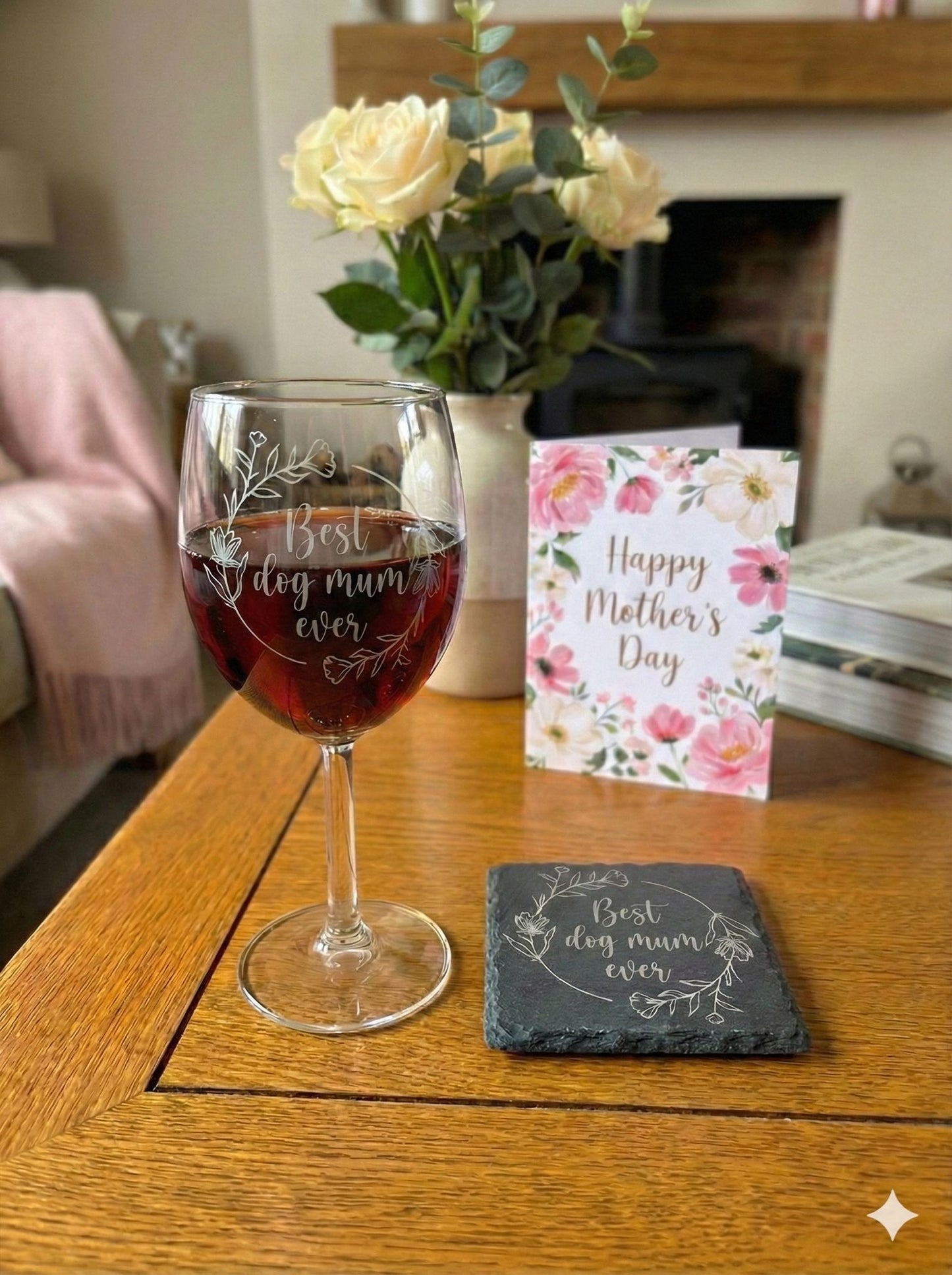Personalised 'Best Dog Mum' or 'Best Dog Mum Ever' engraved glass and slate coaster gift set