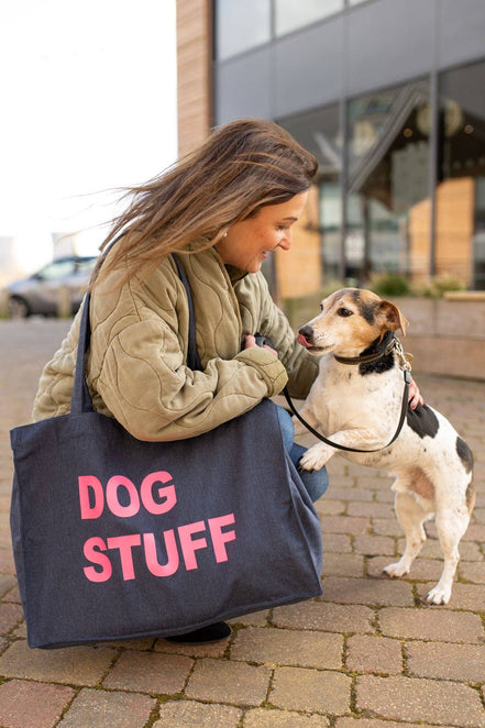 DENIM TOTE BAG WITH NEON PINK PRINT: MUM STUFF