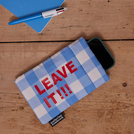 'Get off your Phone' Phone Cover-Light Blue Gingham with Red: LEAVE IT!!!