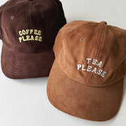 Coffee Please Cord Slogan Cap: Brown