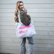 GREY TOTE BAG WITH NEON PINK PRINT: MUM STUFF