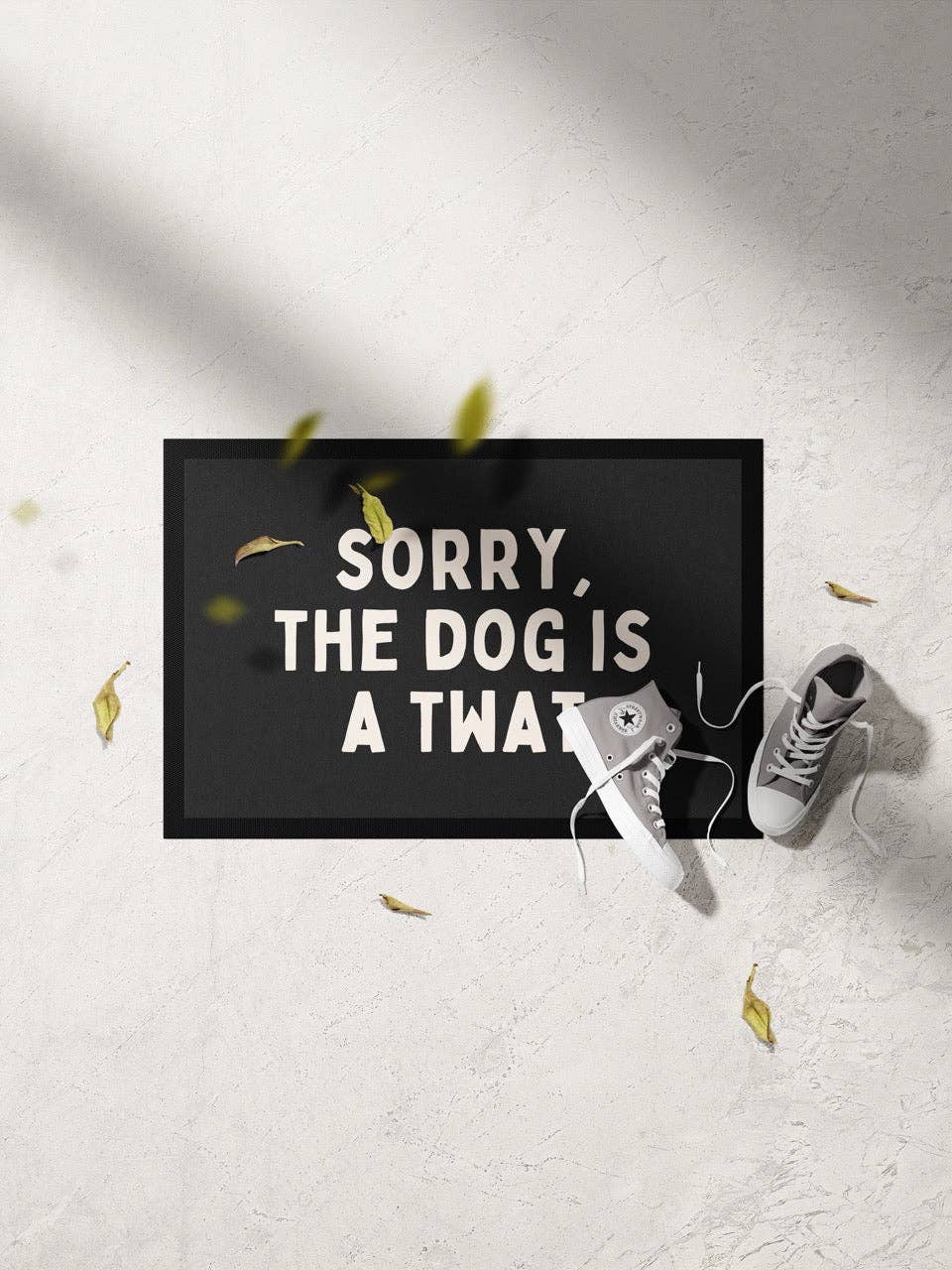 Sorry, The Dog Is A Twat | Cream and Charcoal | Indoor Door Mat: White
