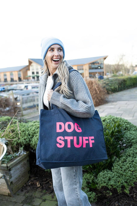 DENIM TOTE BAG WITH NEON PINK PRINT: MUM STUFF