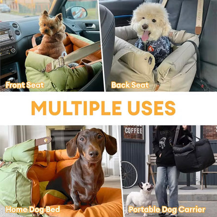Luxury Multi-Use Dog Car Seat & Travel Bed – Portable Carrier, Home Bed & Fully Washable, Green/Orange
