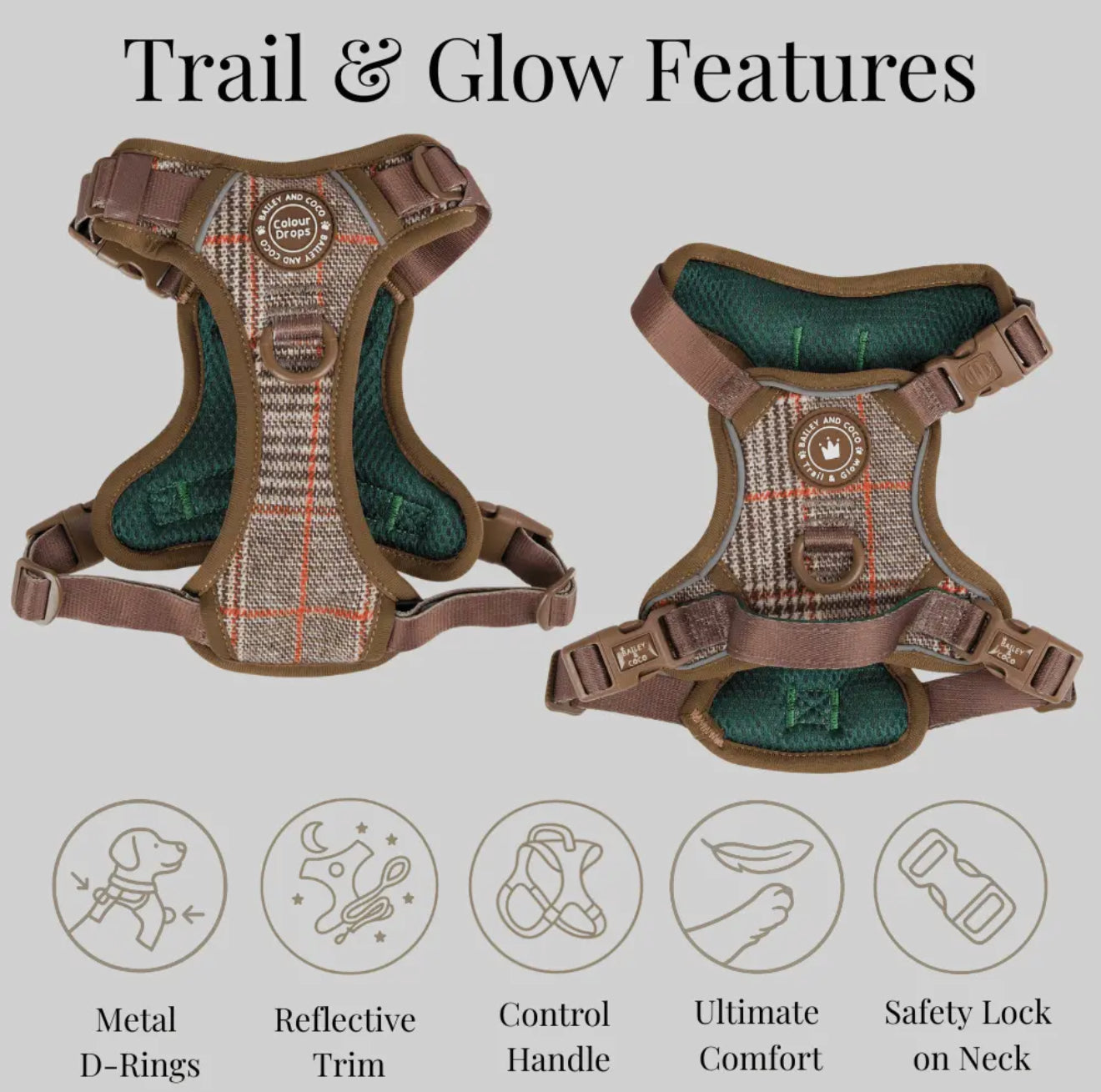 Bailey & Coco Trail & Glow Tweed Dog Harness - Colour Drops - Heritage Plaid
