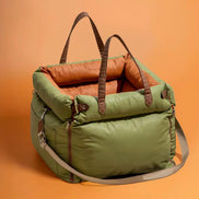 Luxury Multi-Use Dog Car Seat & Travel Bed – Portable Carrier, Home Bed & Fully Washable, Green/Orange