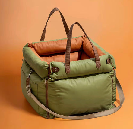 Luxury Multi-Use Dog Car Seat & Travel Bed – Portable Carrier, Home Bed & Fully Washable, Green/Orange