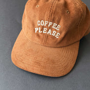 Coffee Please Cord Slogan Cap: Brown