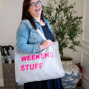 GREY TOTE BAG WITH NEON PINK PRINT: MUM STUFF