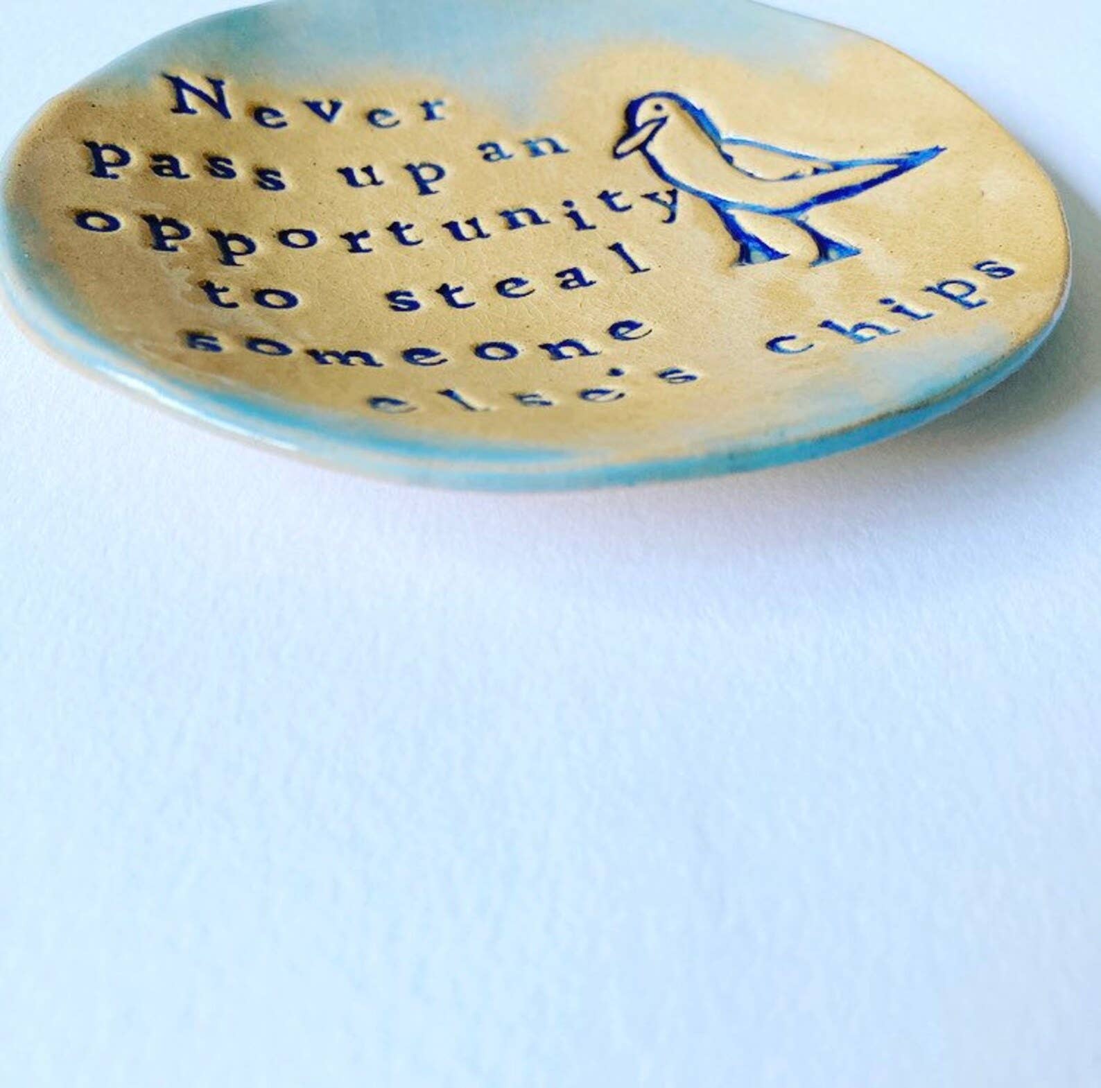 Chip Stealing Seagull Ceramic Dish: Handmade Jewelry Holder