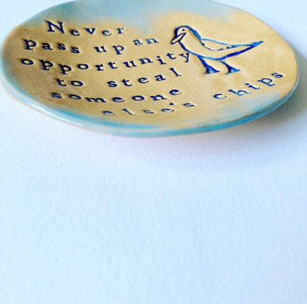 Chip Stealing Seagull Ceramic Dish: Handmade Jewelry Holder