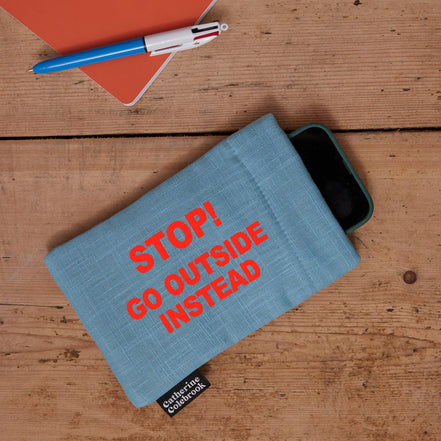 'Get off your Phone' Phone Cover - Azure Linen with Orange: STOP! GO OUTSIDE INSTEAD