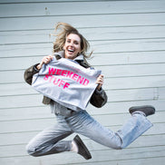 GREY TOTE BAG WITH NEON PINK PRINT: MUM STUFF