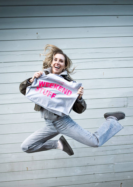 GREY TOTE BAG WITH NEON PINK PRINT: MUM STUFF