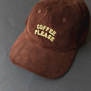 Coffee Please Cord Slogan Cap: Brown