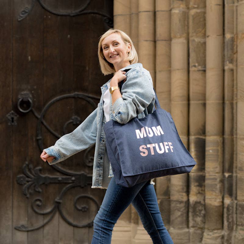 DENIM TOTE BAG WITH ROSE GOLD PRINT: MUM STUFF