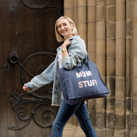 DENIM TOTE BAG WITH ROSE GOLD PRINT: MUM STUFF