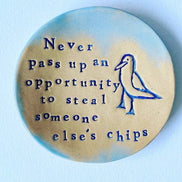 Chip Stealing Seagull Ceramic Dish: Handmade Jewelry Holder