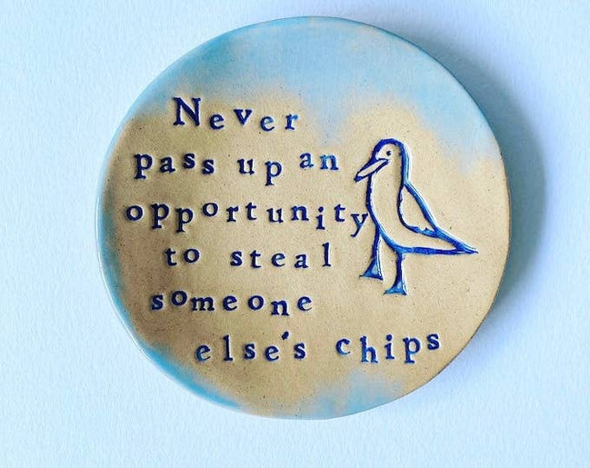 Chip Stealing Seagull Ceramic Dish: Handmade Jewelry Holder