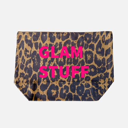 LEOPARD PRINT CANVAS POUCH WITH NEON PINK PRINT: MUM STUFF