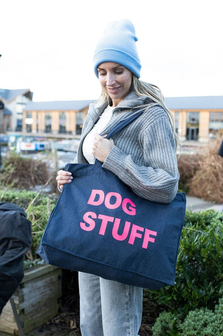 DENIM TOTE BAG WITH NEON PINK PRINT: MUM STUFF