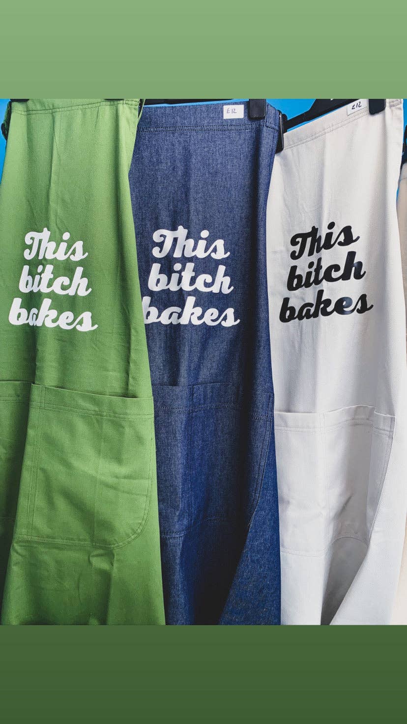 This b* Bakes Apron - adults with front pocket: Beige /black text