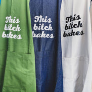 This b* Bakes Apron - adults with front pocket: Denim blue/silver text