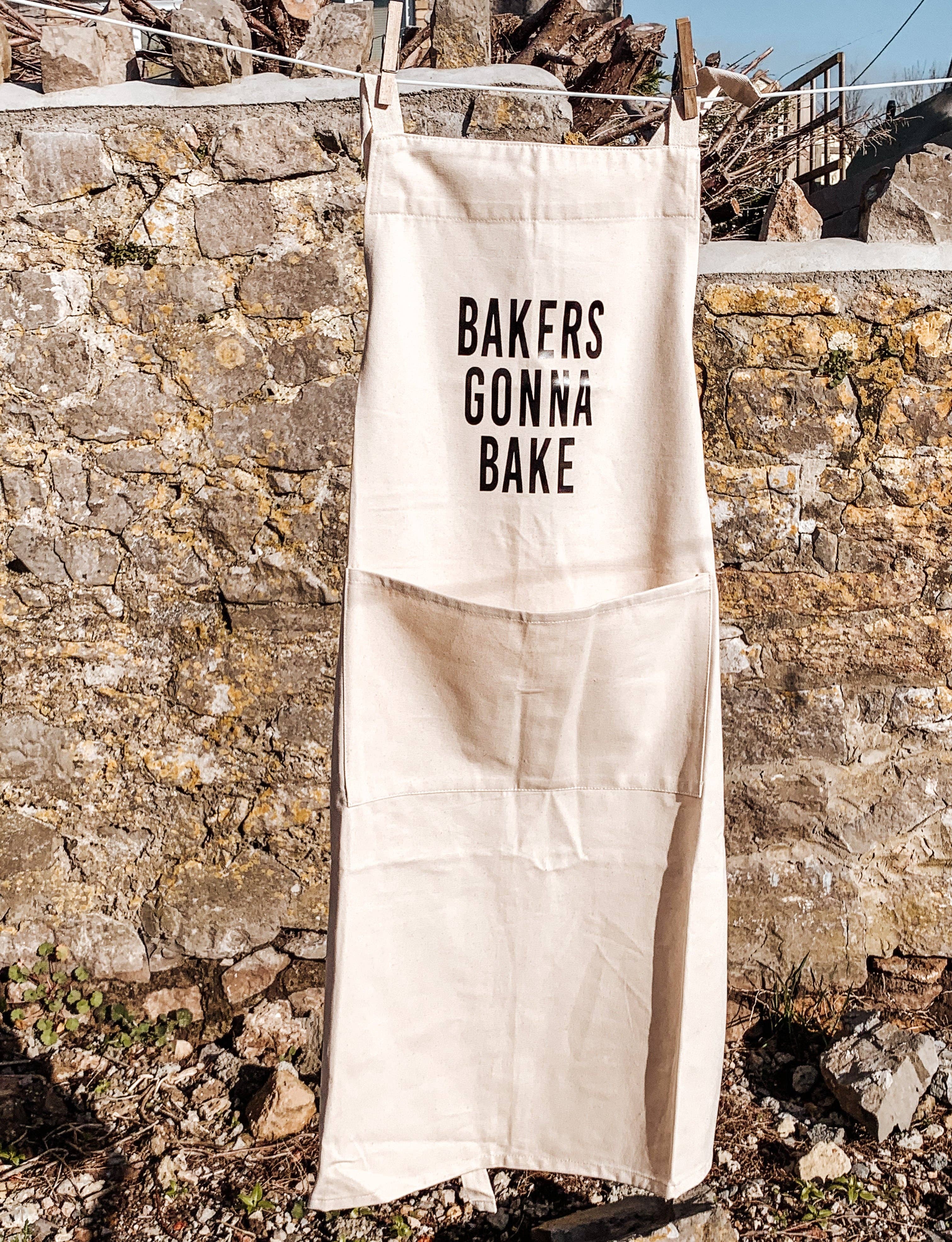 This b* Bakes Apron - adults with front pocket: Denim blue/silver text