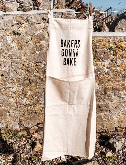 This b* Bakes Apron - adults with front pocket: Denim blue/silver text