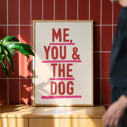Me, You & The Dog Art Print: Pink & Red / A3 / Unframed