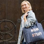 DENIM TOTE BAG WITH ROSE GOLD PRINT: MUM STUFF