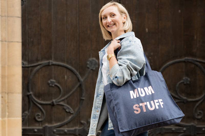 DENIM TOTE BAG WITH ROSE GOLD PRINT: MUM STUFF